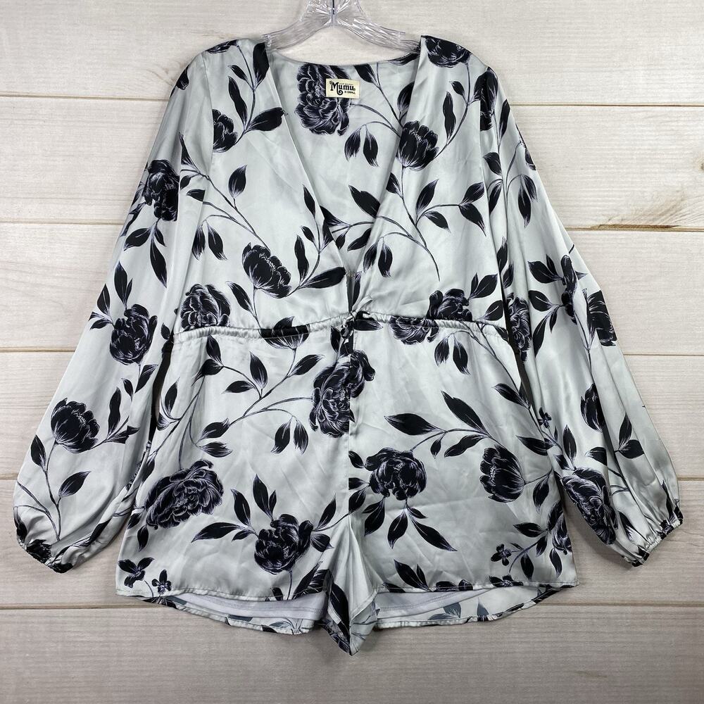 Show Me Your Mumu Short Romper Womens XS Silver Satin Floral Long Sleeve V Neck